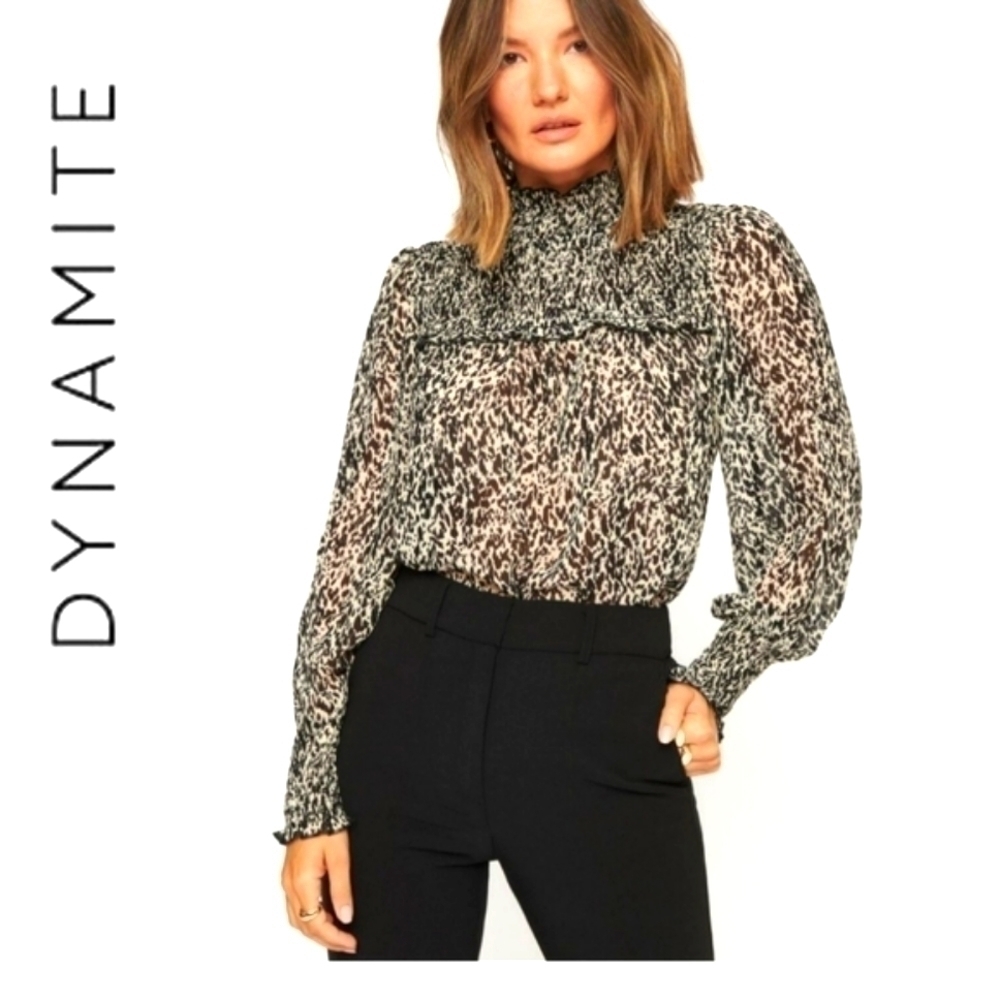 DYNAMITE Taylor Smocked Mock Neck Blouse